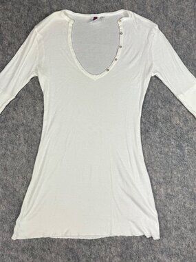 Vintage Y2K Sharon Segal White Henley Top Sz L 3/4 Sleeve V Neck